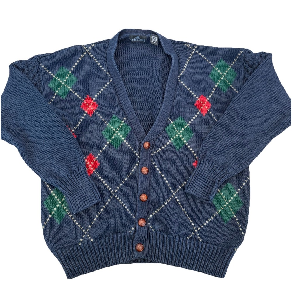 Vtg Structure Argyle Knit Cardigan Sweater Mens L Navy Blue Button Front 90s